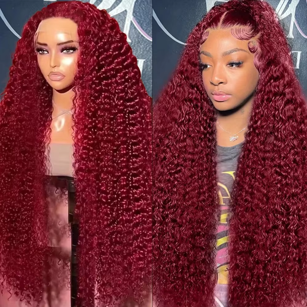 Perruque Lace Frontal Wig naturelle bouclée, cheveux humains, Deep Wave 99J, bordeaux, 13x4, HD, vin rouge, eau, avec Baby Hair, 13x6