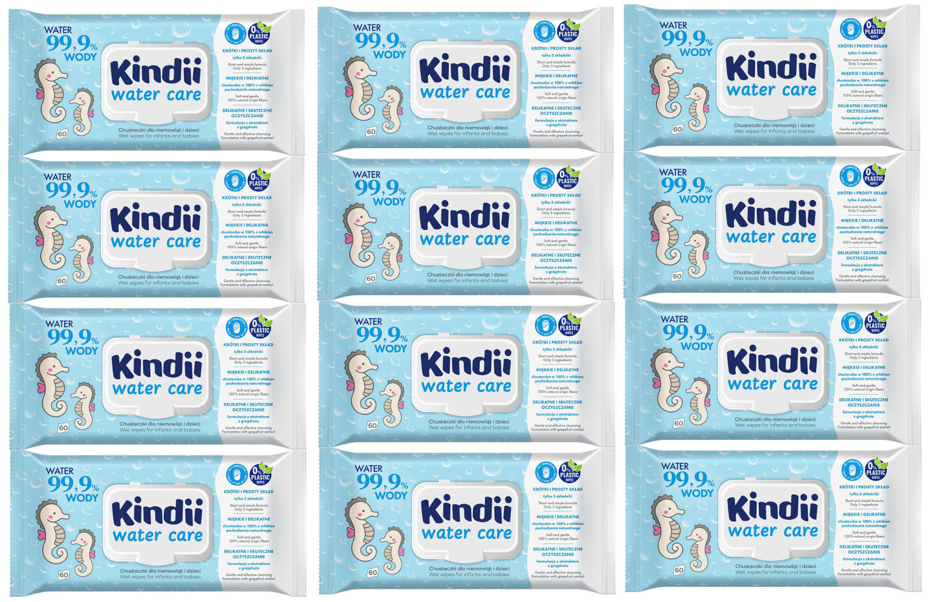 Kindi Chusteczki dla niemowląt i dzieci 99,9 % wody  Water Care 60 szt. x 12