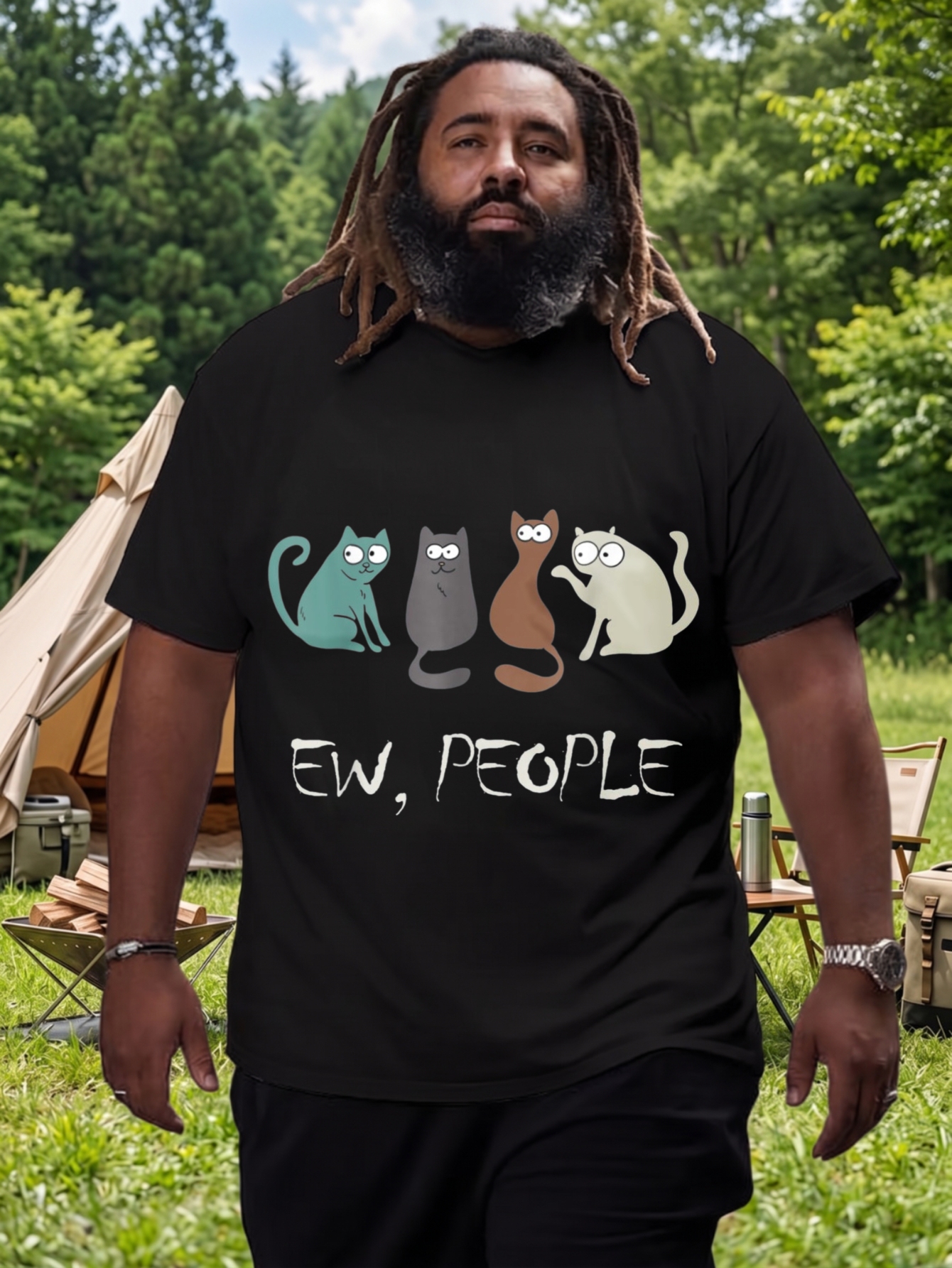 1 pezzo di t-shirt a maniche corte con scollo a O, 100% cotone, con stampa Four Cats Ew People Text