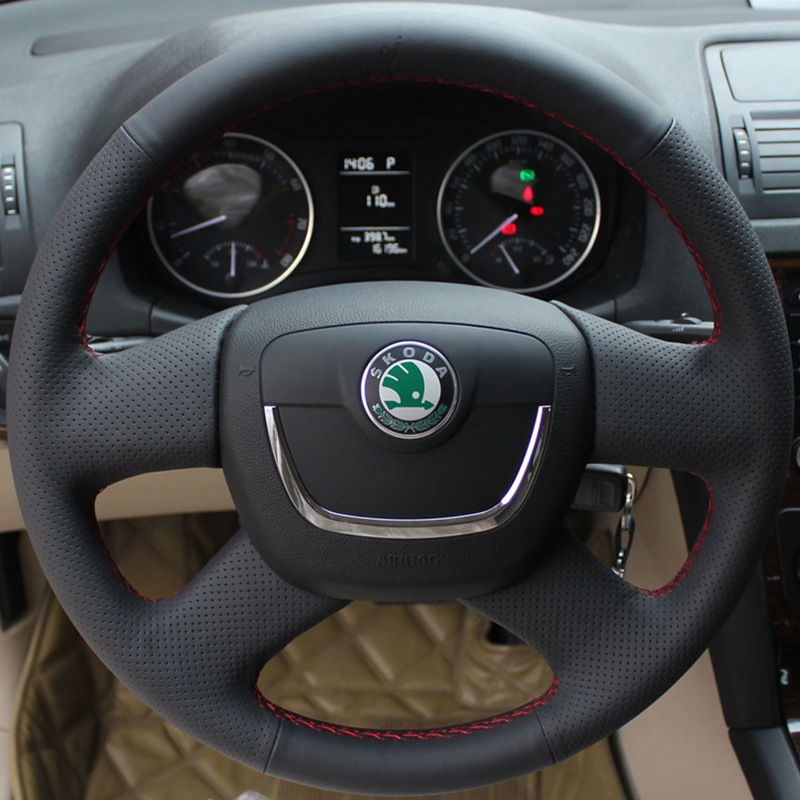 Housse de volant de voiture en cuir artificiel noir cousu à la main pour Skoda Octavia 2009-2013 Citigo 2011-2012 Roomster Fabia