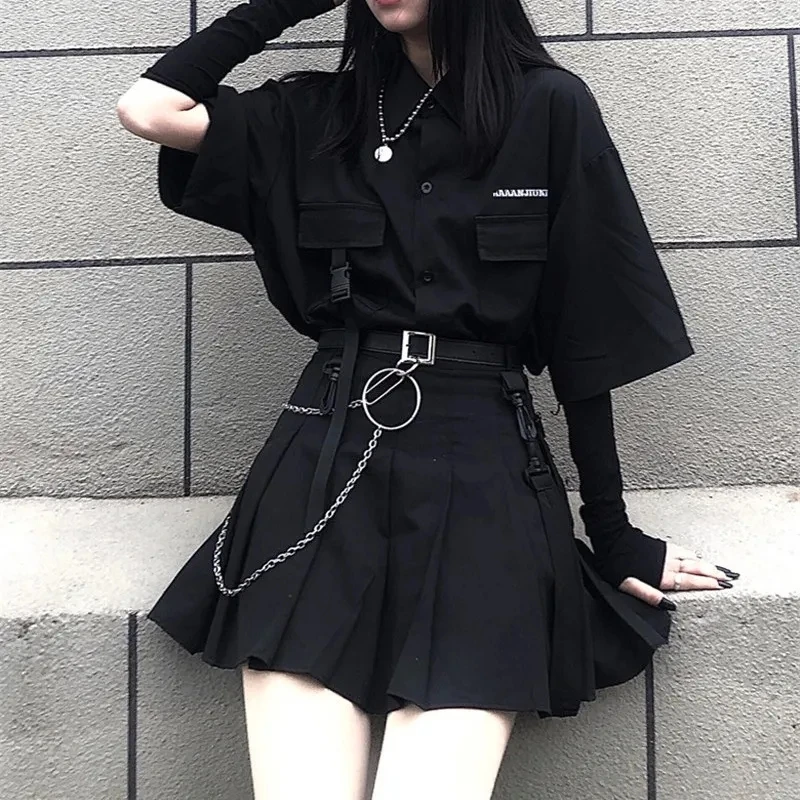 Vintage Lose Solide BF Gothic Zwei Stück Set Frauen Sommer Casual Koreanische Taste Hemd und Schwarz Plissee A-linie Mini Yk2 Rock
