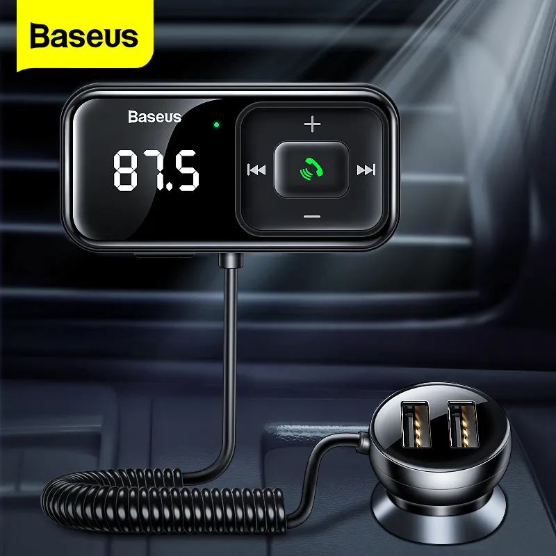 Baseus-transmisor FM para coche, compatible con Bluetooth 5,0, Cargador USB, AUX, Kit inalámbrico de manos libres, modulador de Radio automático, reproductor MP3
