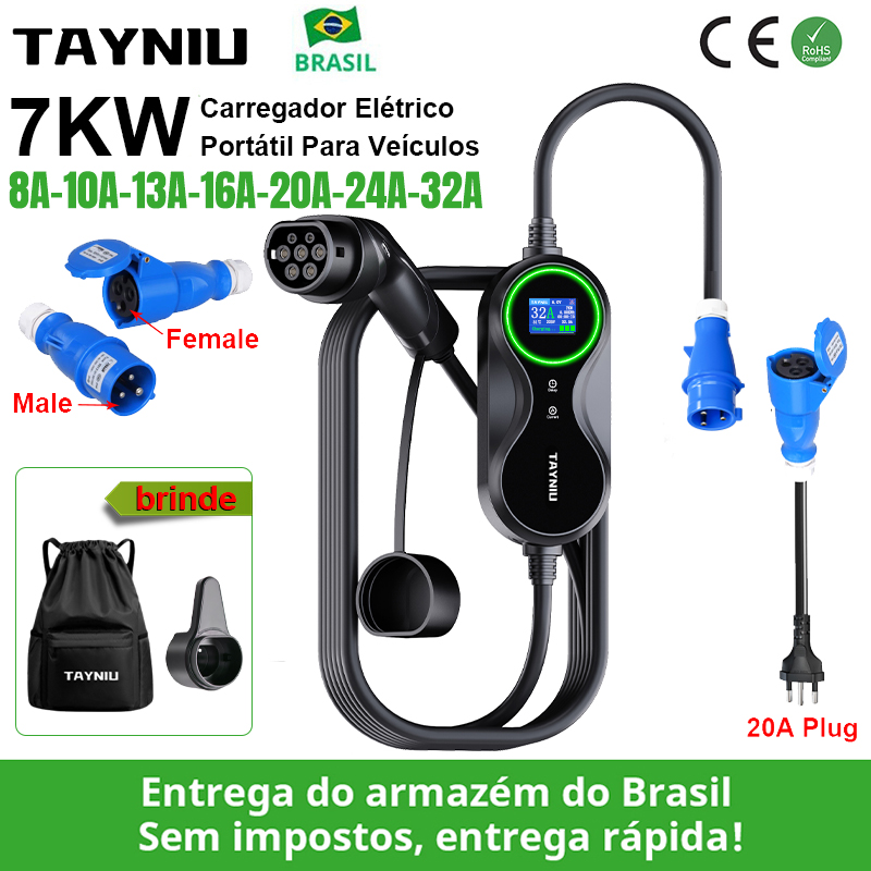 TAYNIU Infinity Carregador Portátil 7KW 32A Bivolt para Carro Elétrico com 7 Níveis de Ajuste de Corrente e Cabo 5M 80V-260V