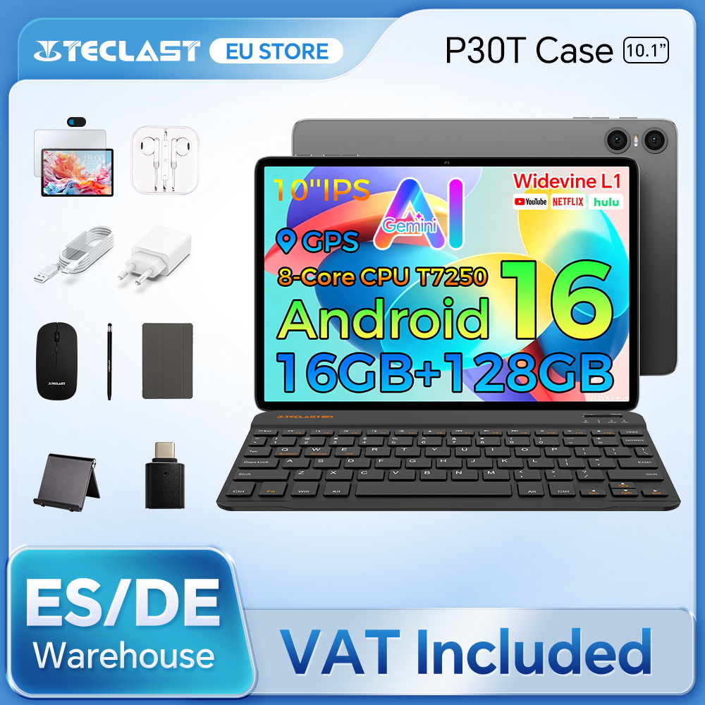 Teclast P30T Set Tablet Android 10.1'' 16 AI Gemini T7250 8-core 16GB (3GB+13GB Expansível) RAM 128GB ROM 6000mAh Teclado/Capa/Mouse/Stylus/Fone de Ouvido/Suporte