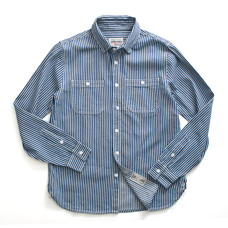Schweres amerikanisches Vintage-Amekaji-Hemd, Amekaji-Hemd aus 100 % Baumwolle, blau-weißes, vertikal gestreiftes Arbeitskleidungshemd mit zwei Brusttaschen