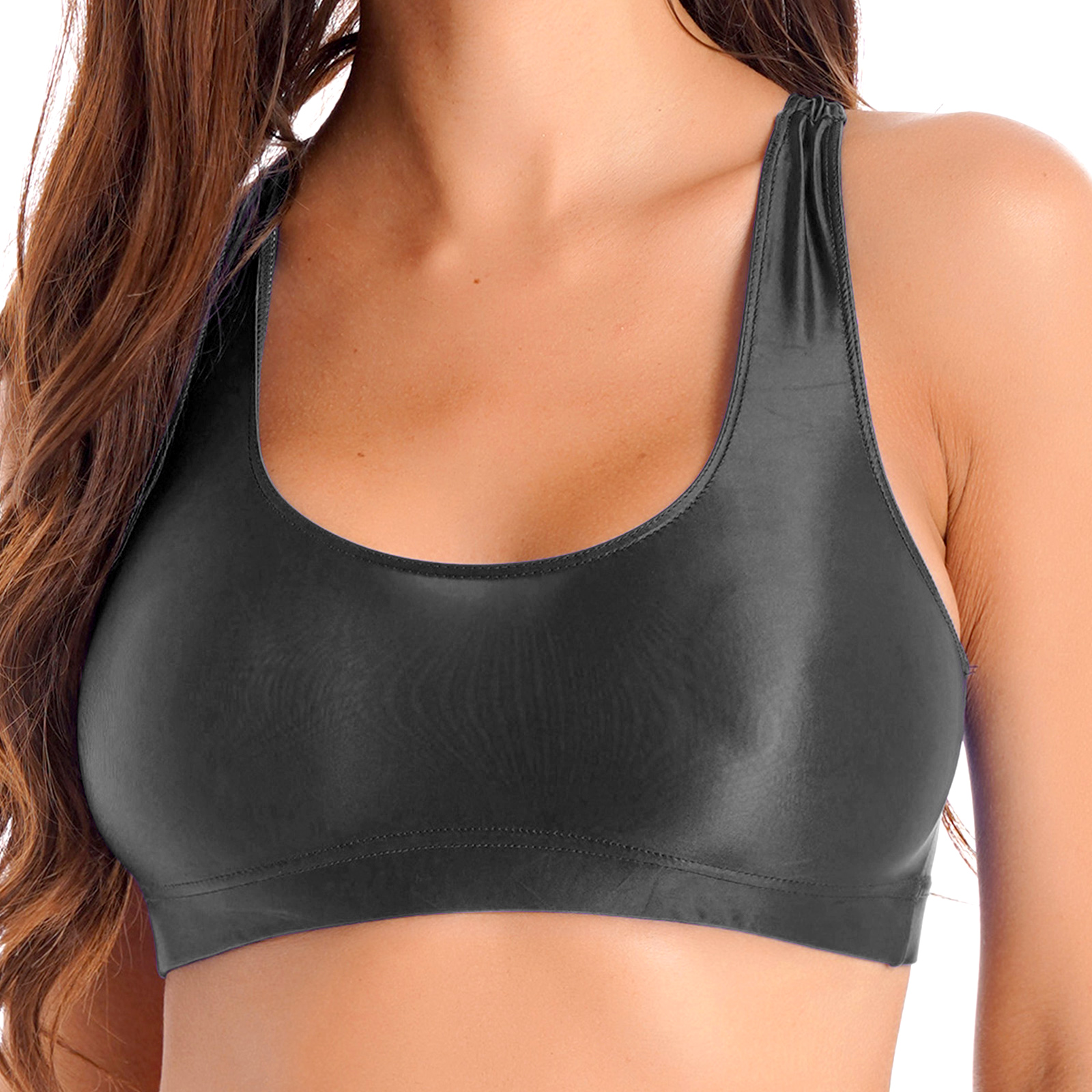 Canottiere lucide lucide a olio per le donne estate femminile Sexy scollo a U senza maniche aderente Crop Top Casual Sport Fitness Yoga gilet stretto
