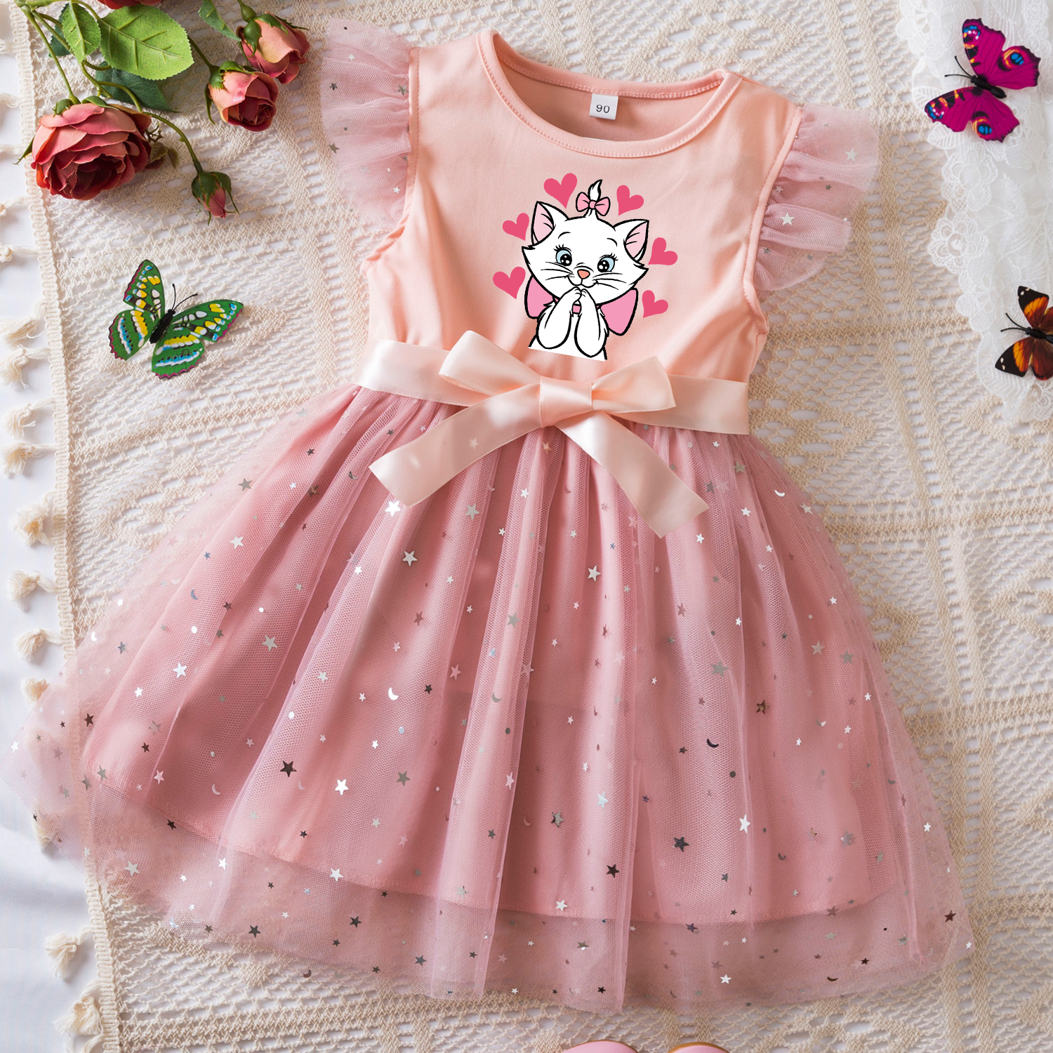 De Aristocats Marie Meisjes Zomer Kleding Vliegende Mouwen Strik Pailletten Jurk 2-6y Verjaardag Tutu Prinses Jurk Voor Baby Meisje