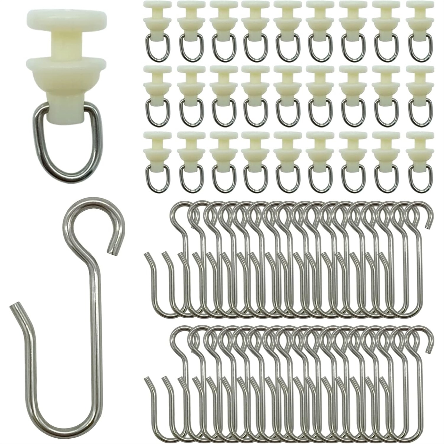 Shower Curtain Track Rollers 50-Pack with Hooks & Gliders, Heavy Duty Stainless Steel and Plastic Pulley for Straight or Curved