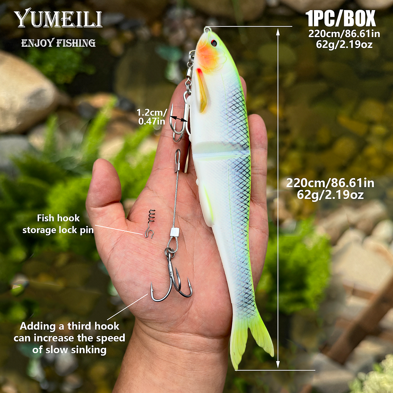 YUMEILI 1PC 3D Printed 220cm Double-Section Fishing Lure, with Two Triple-Hook, Suitable for Both Sea and Freshwater Fishing