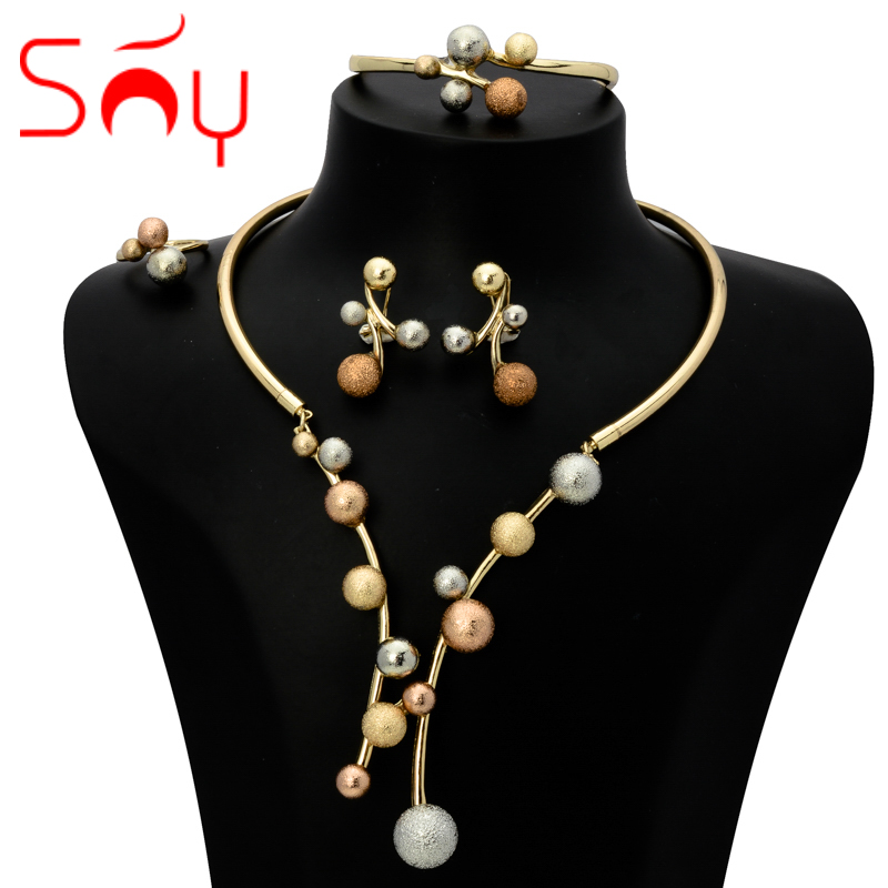 Sunny Jewelry-Conjunto de disfraz de bola de la suerte, pendientes de tres tonos, collar, pulsera, anillo para mujer, regalo de aniversario de boda nupcial