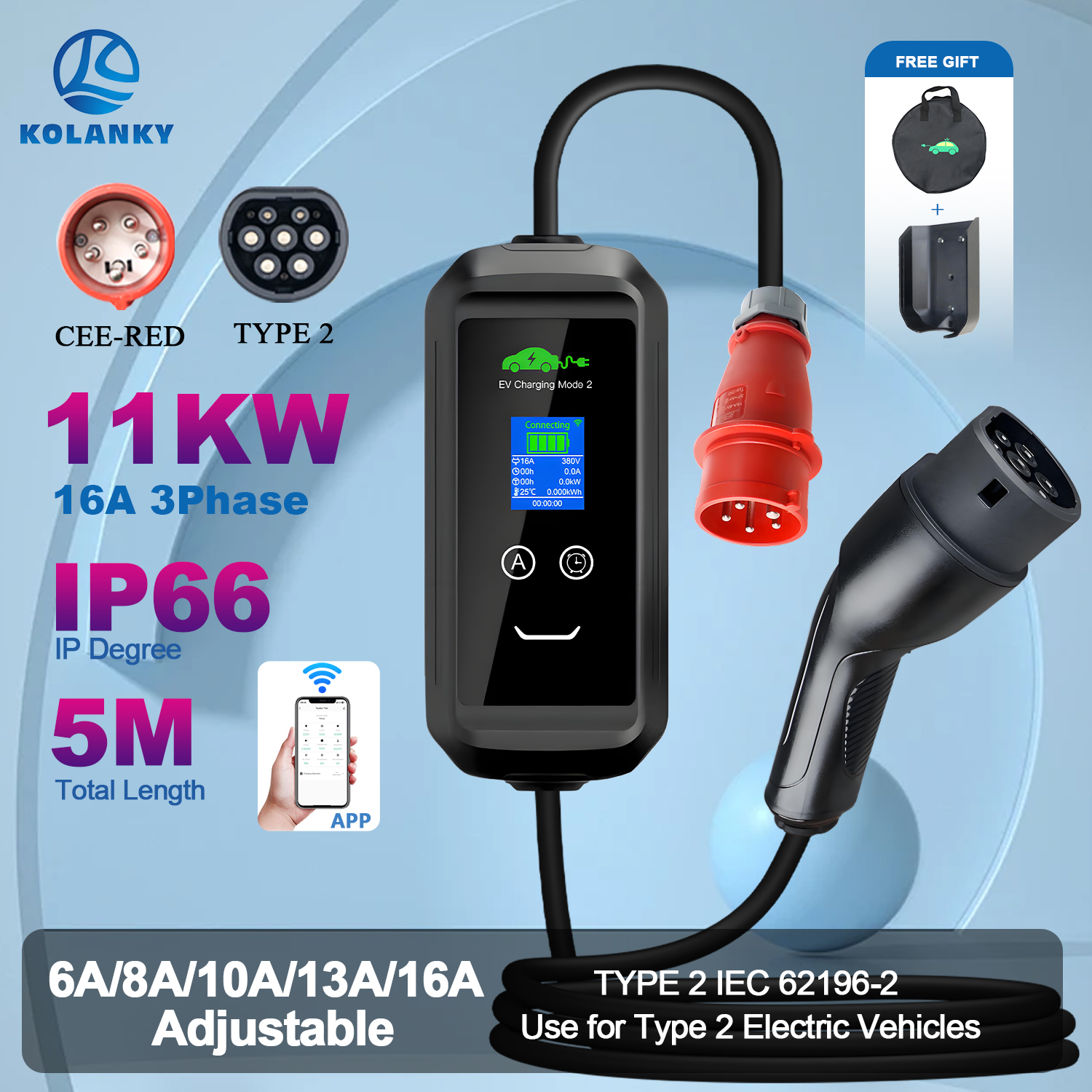 Kolanky 6/8/10/13/16A 11KW 32A 7.2KW cargador de vehículo eléctrico portátil tipo 2 aplicación Wifi Control Set tiempo de carga PHEV híbrido 5M