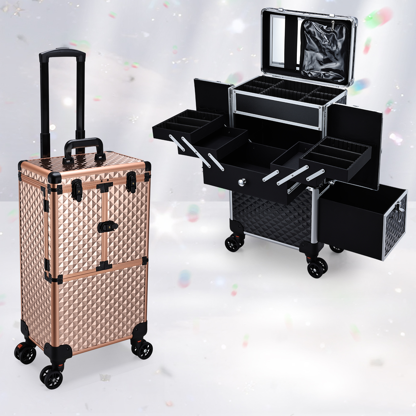 Trolley de Maquillage Professionnel à Roulettes avec Grand Tiroir Profond et 4 Plateaux, Chariot de Maquillage Roulant, Valise pour Tatoueurs, Barbiers et Ongleries, Station de Maquillage, Valise de Cosmétologie à Roulettes, Table de Manucure Roulante