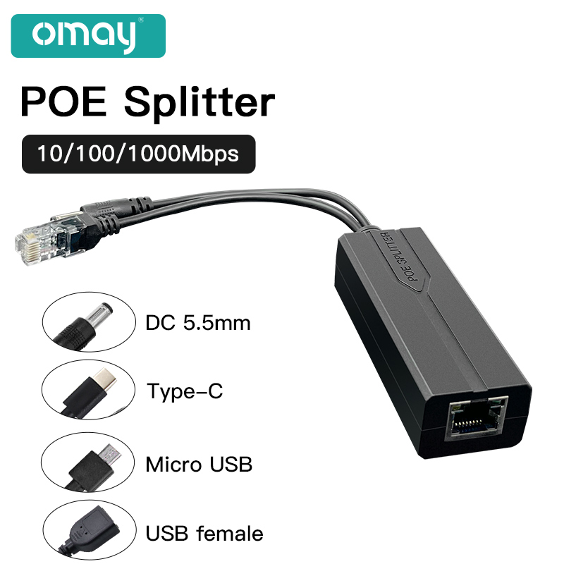 Divisor POE estándar 48V a 5V 12V 1.2A 2A Micro USB tpye-C 100M/1000M fuente de alimentación del inyector de cámara POE para Huawei Hikvision
