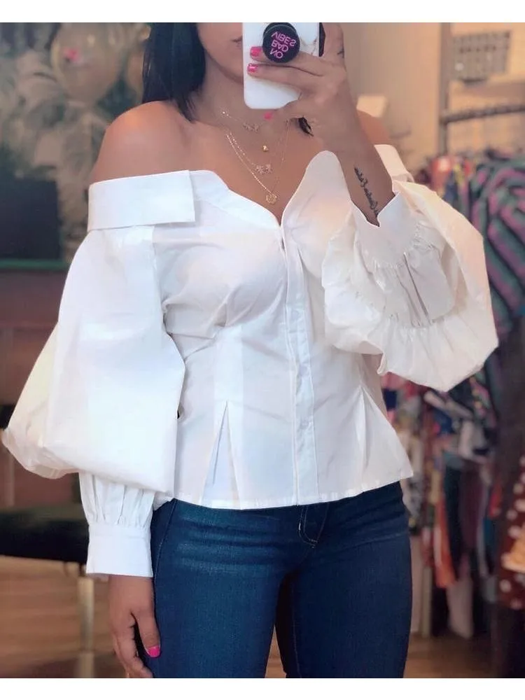 Elegante weiße Hemden für Frauen, Laternenärmel, schulterfreies Oberteil, Damenblusen, lange Ärmel, gerüschtes Design, weibliche Kleidung, Frühling 2025,