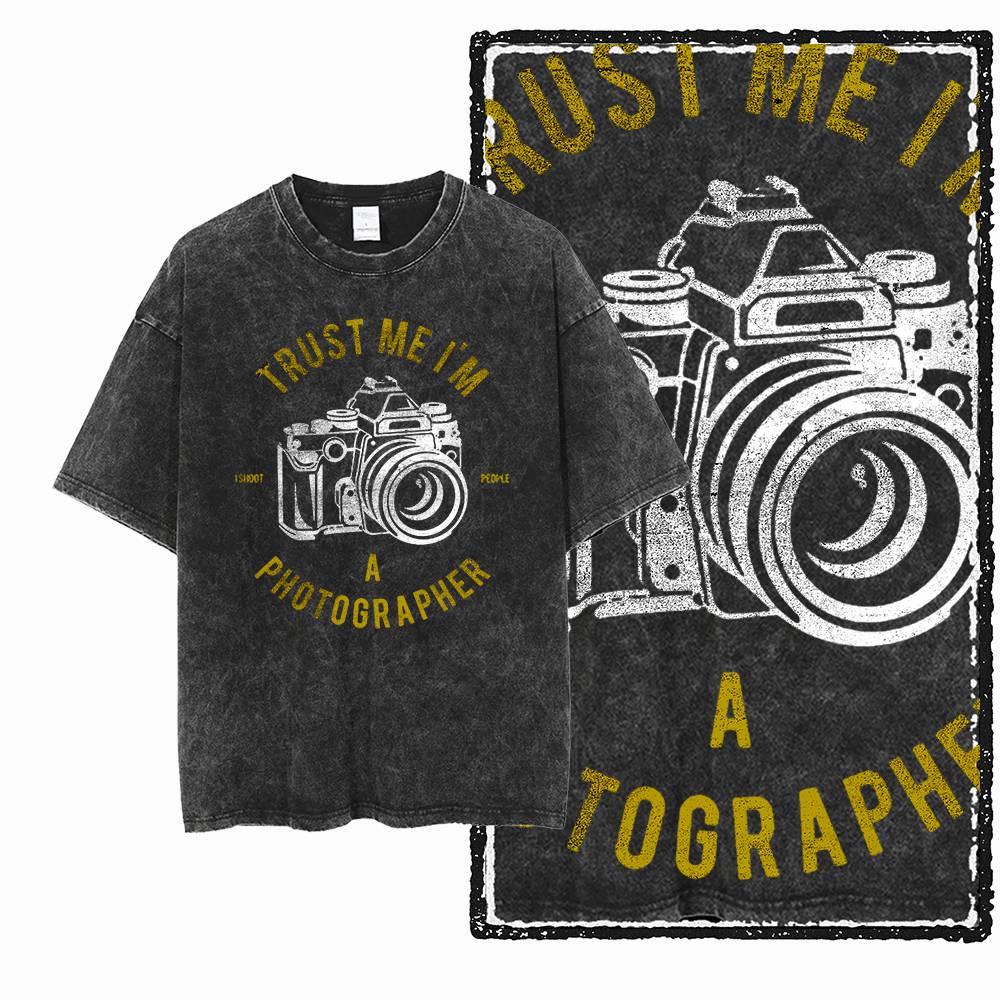 T-shirt da uomo lavata effetto distressed per fotografi, in cotone nero con stampa grafica per amanti della fotografia G75