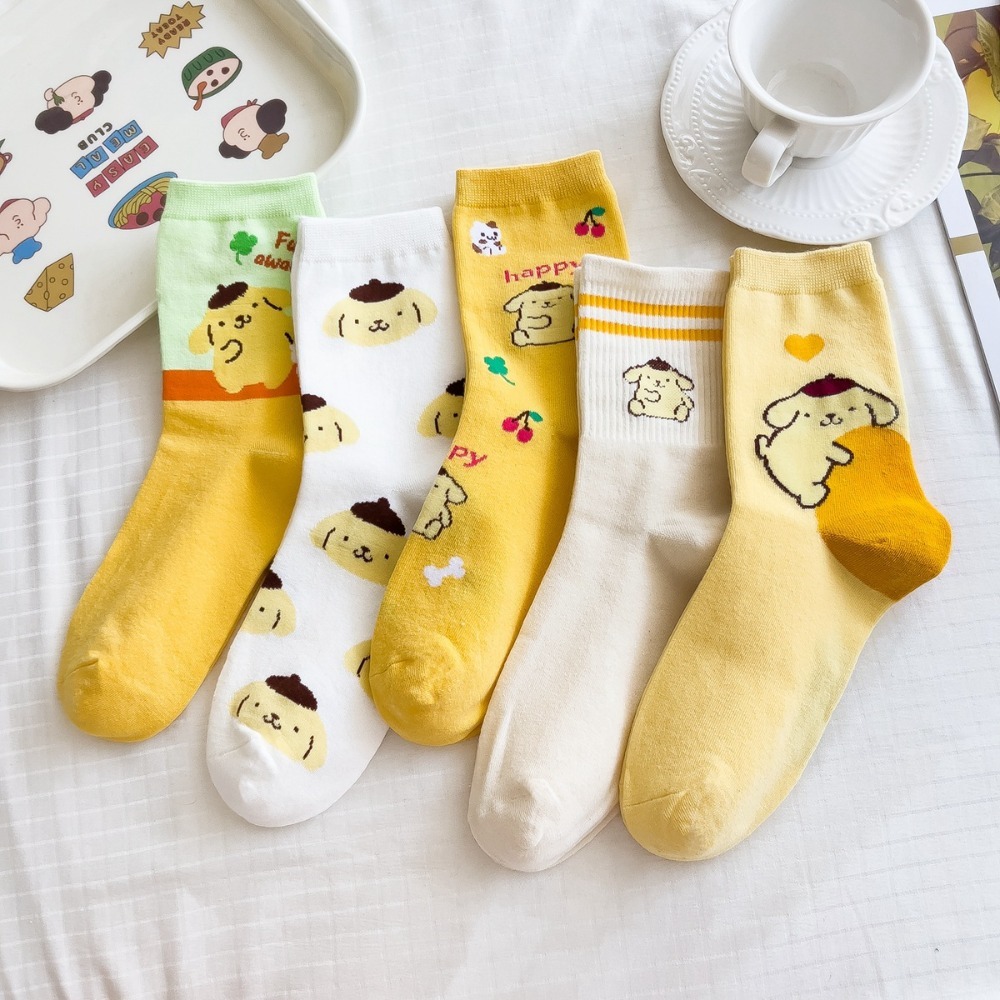Sanrio Socks Pom Pom Purin Mid Length Ins Breathable Minimal Design Leisure Sports Socks Girls Gifts Kawaii For Christmas