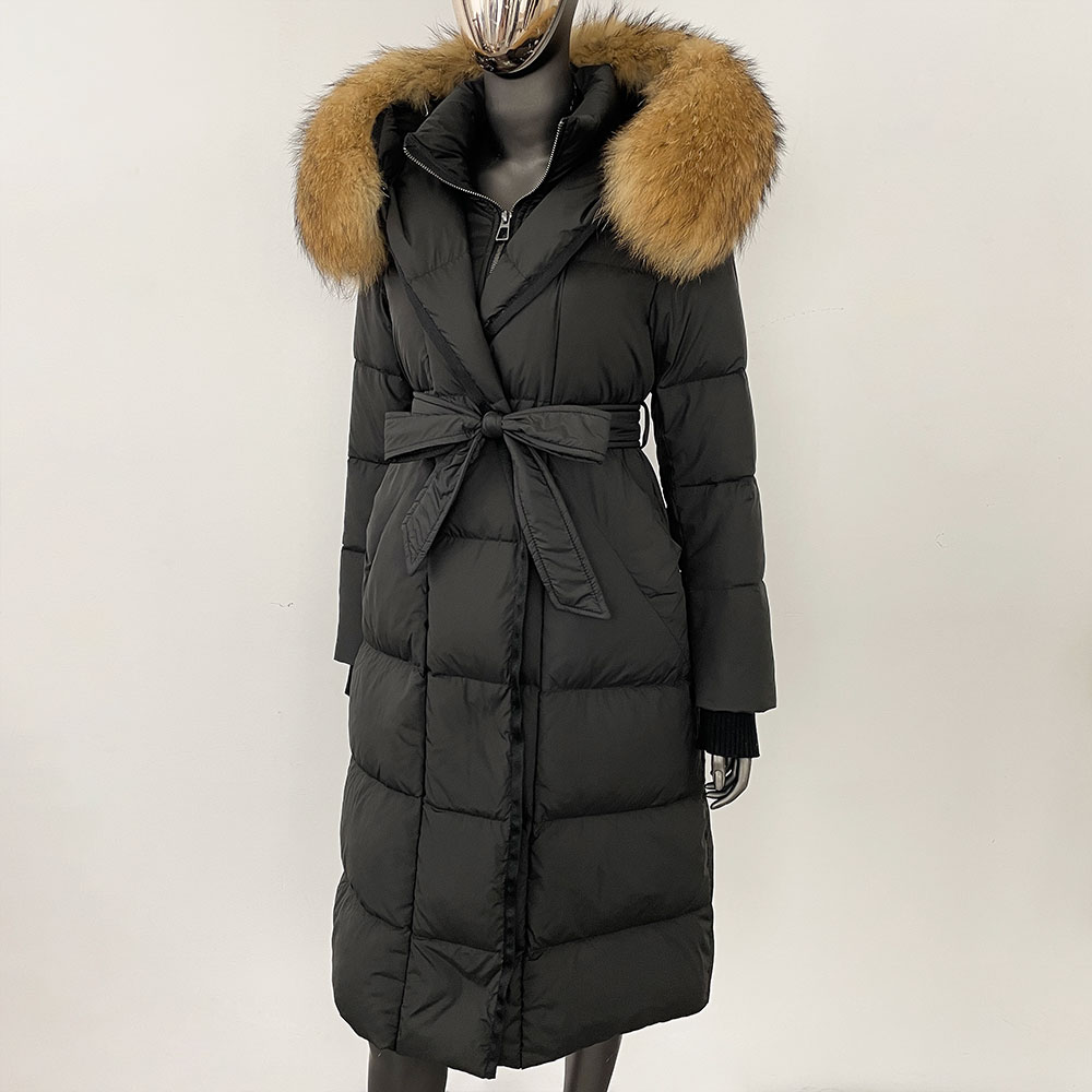 Longo branco ganso para baixo casaco cinto casual jaqueta feminina inverno real natural pele de raposa com capuz gola destacável elegante overwears