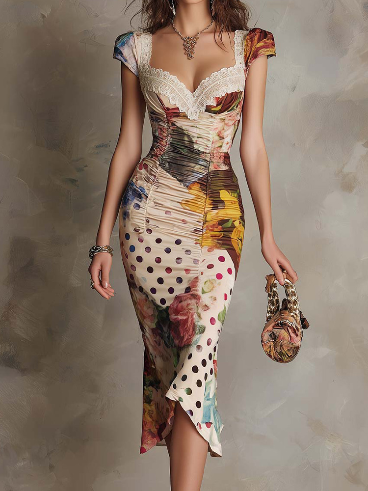 Damen Sommer V-Ausschnitt Slim Fit Maxikleid Kurzarm Spitze Patchwork Print Elegantes Mode-Urlaubskleid Streetwear 2026