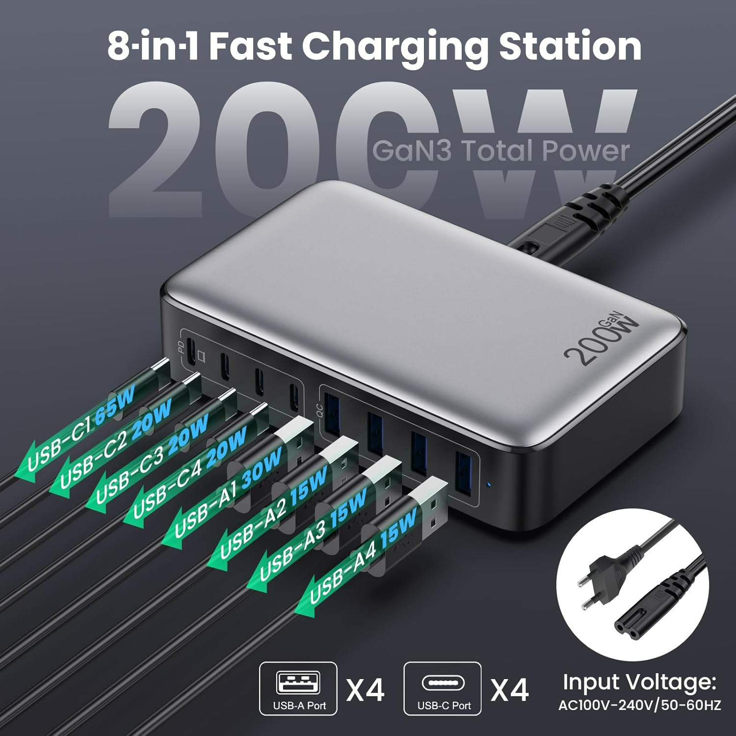 Stazione di ricarica rapida da 200 W Blocco caricabatterie USB C Hub a 8 porte Adattatore per caricabatterie per laptop PD 65 W per MacBook,DELL, iPhone,Galaxy