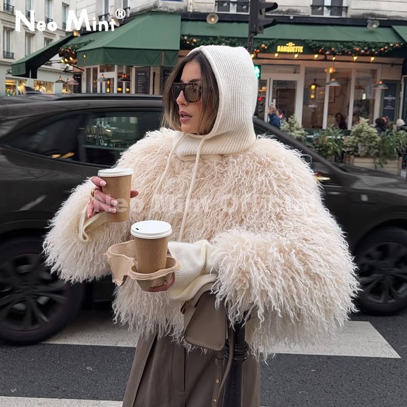 Neo mint chique rua meninas em torno do pescoço falso mongólia casaco de pele de ovelha feminino 2025 inverno fofo quente jaqueta de pele recortado outerwear