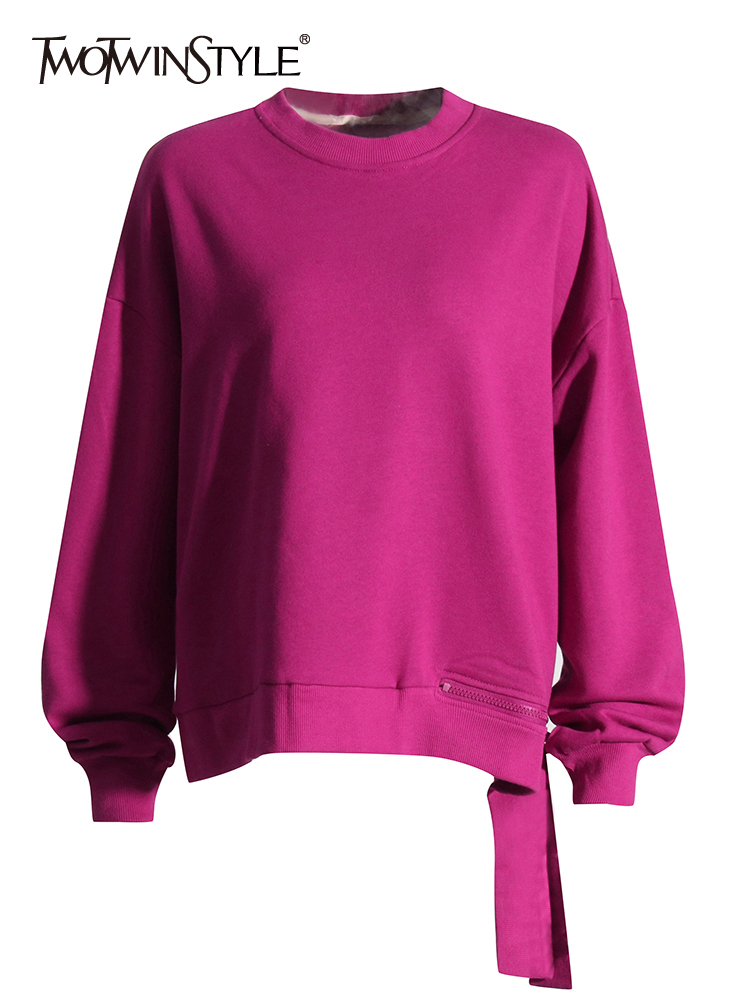 TWOTWINSTYLE patchworkowy zamek błyskawiczny bluza dla kobiet wokół szyi z długim rękawem asymetryczne minimalistyczne bluzy ubrania damskie nowe