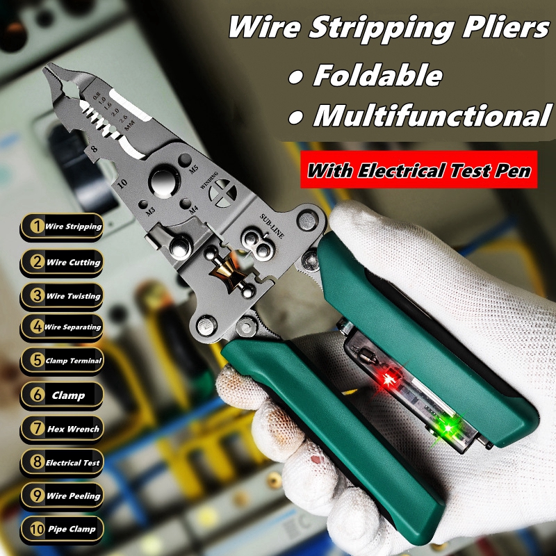 Pelacables multifuncional con pluma de prueba eléctrica, herramienta de prensado cortador de cables plegable, alicates plegables eléctricos para cortar