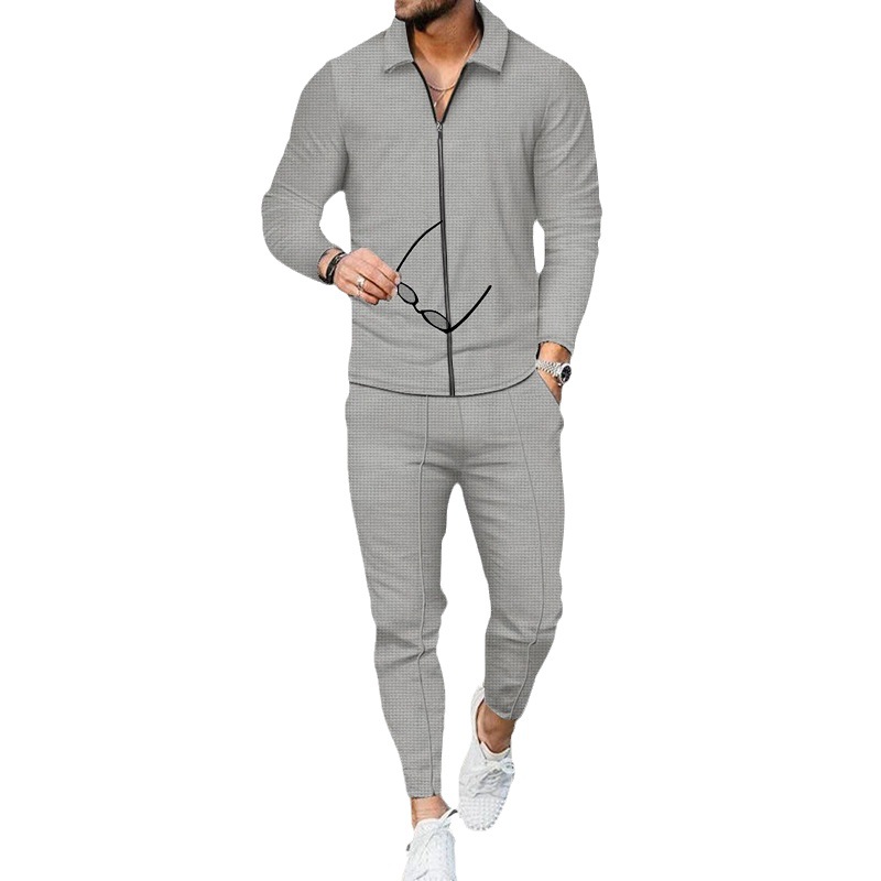 Herren Waffelstrick-Reißverschlussjacke mit Revers und schmal geschnittene Jogginghose, modischer zweiteiliger Sportanzug