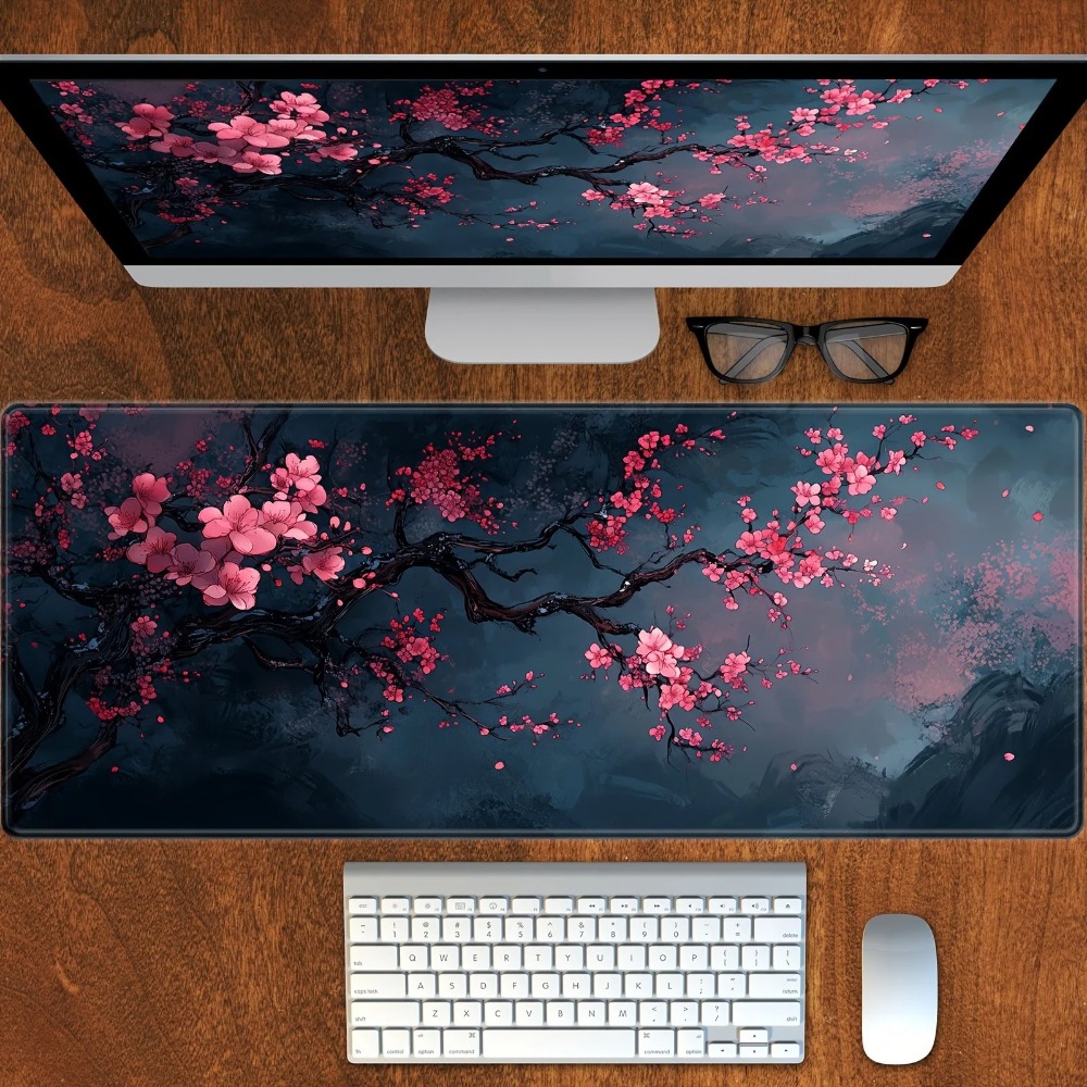 Tapis de souris avec paysage de fleurs de cerisier, en caoutchouc lavable, plus longue tapis de table, antidérapant, pour la maison et le bureau, accessoires décoratifs pour ordinateur