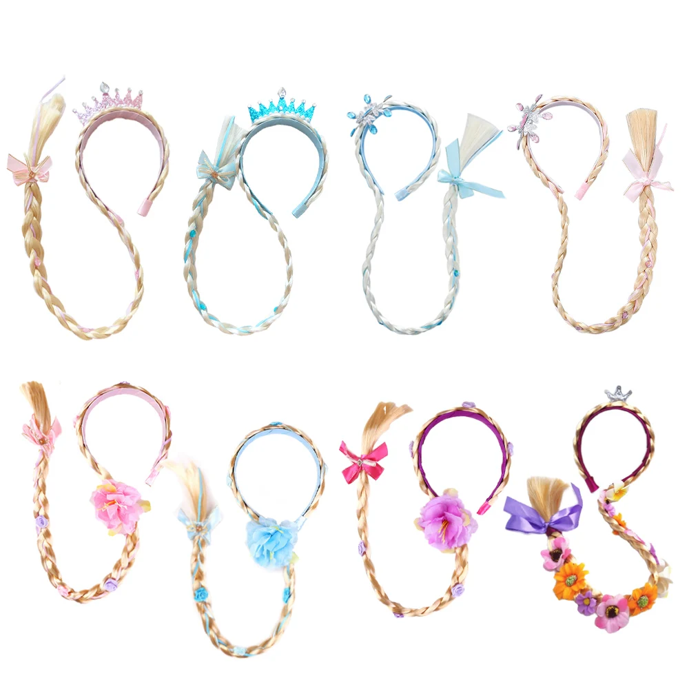 Meninas rosa azul roxo flor tecelagem trança bandana crianças princesa vestir-se acessórios para o cabelo aurora elsa sofia rapunzel peruca