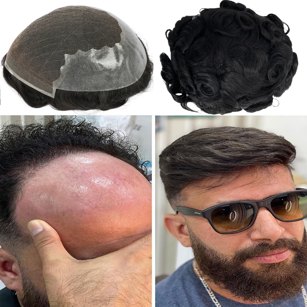 Tupé para hombres, pelucas de cabello humano, unidades de prótesis Q6, Parche de onda rizada, cabello humano Real, reemplazo