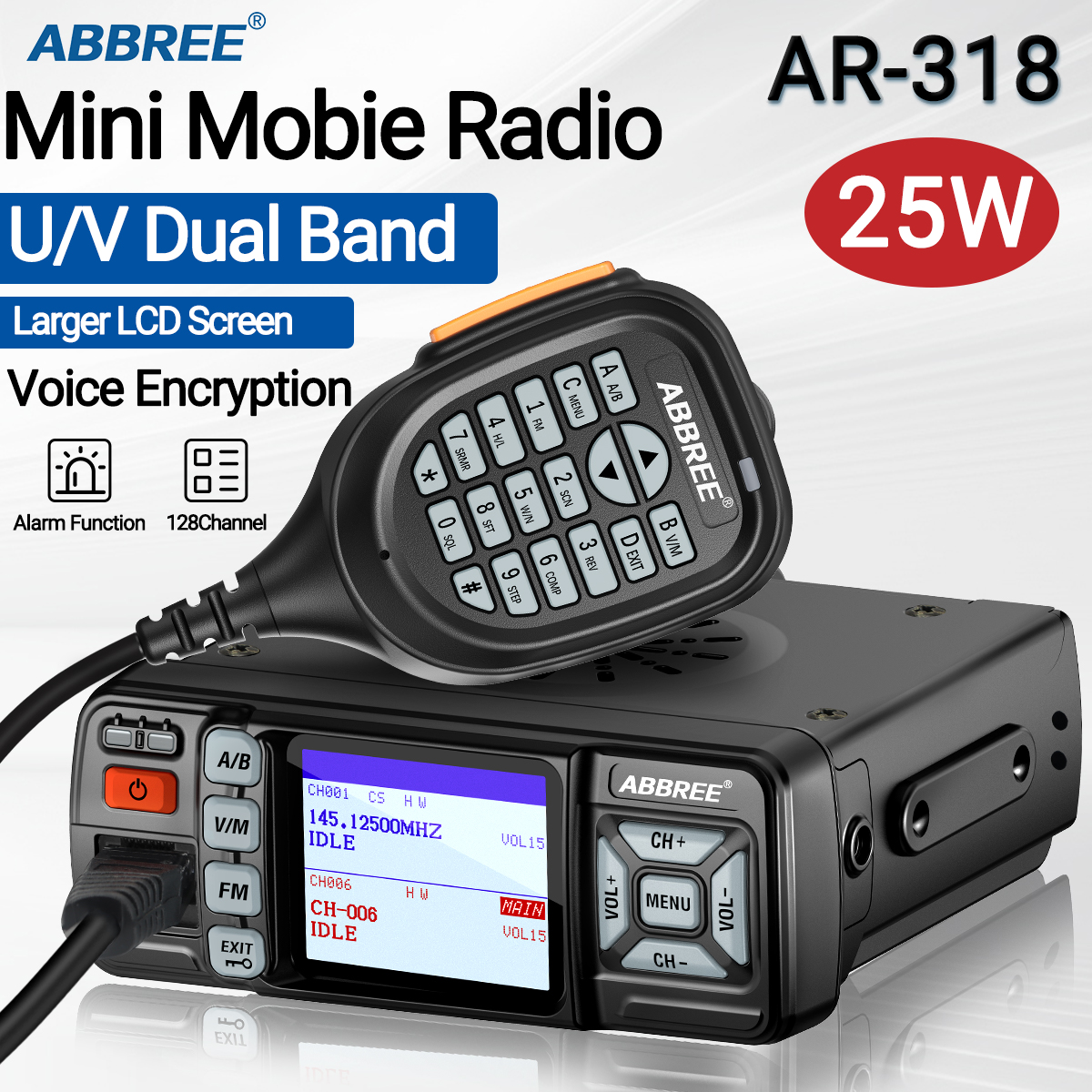 ABBREE Mobilne radio Walkie Talkie 25W Dwuzakresowy DTMF VHF UHF Transceiver dalekiego zasięgu HF AR-318 AR-218 Mini radio samochodowe