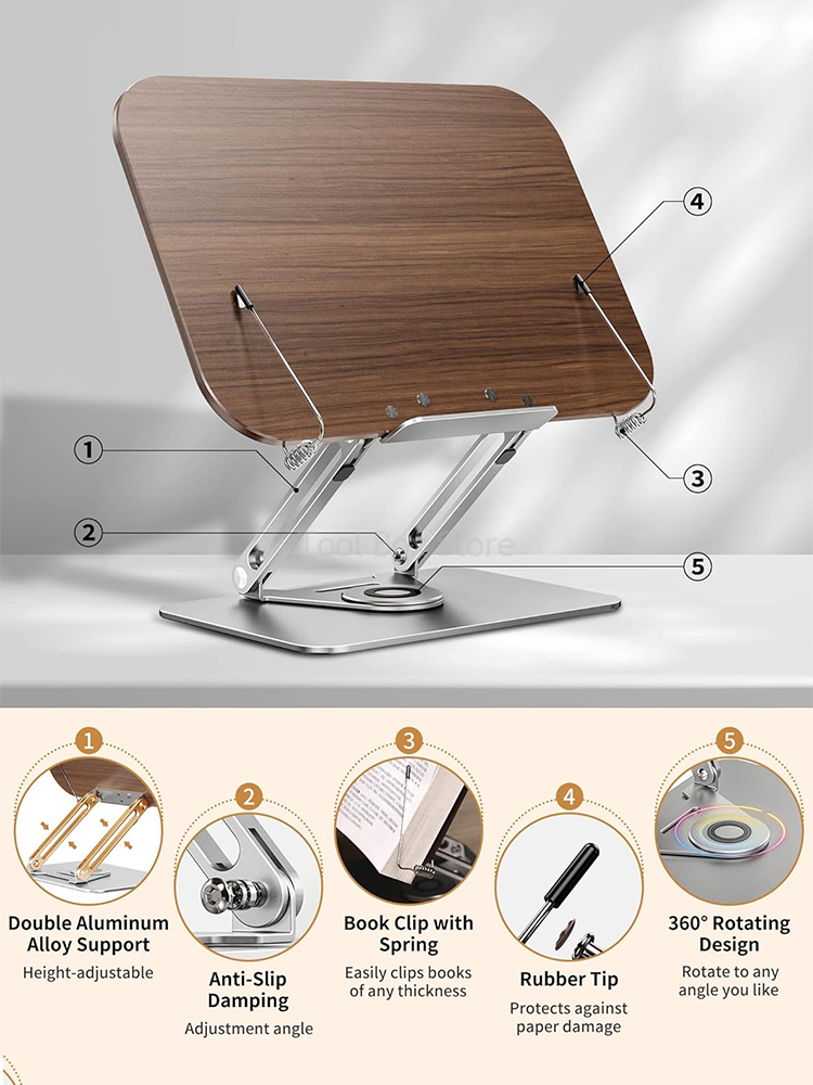 Soporte de lectura de madera, estantería de escritorio ajustable, escritorio de lectura de nogal con Base giratoria, soporte plegable para tableta, muebles de oficina
