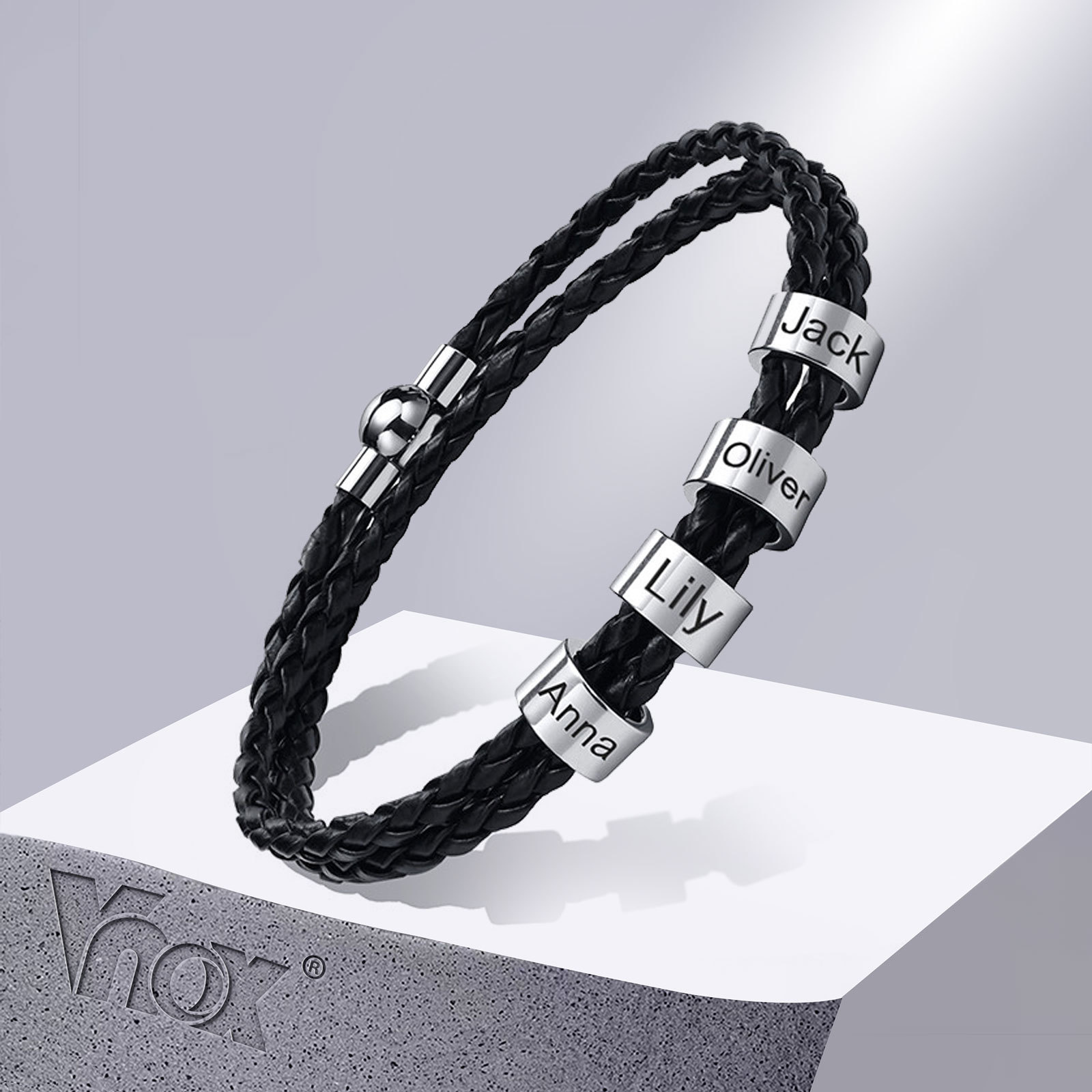 Vnox-男性用の本革ブレスレット,ステンレス鋼のビーズ,家族の名前,ギフト