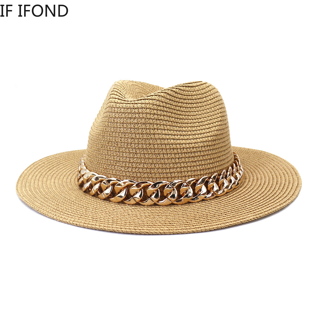 Chapeaux de paille pour femmes, chaîne en or, ceinture, Panama, pour la plage, respirants, élégants, fête Jazz, été