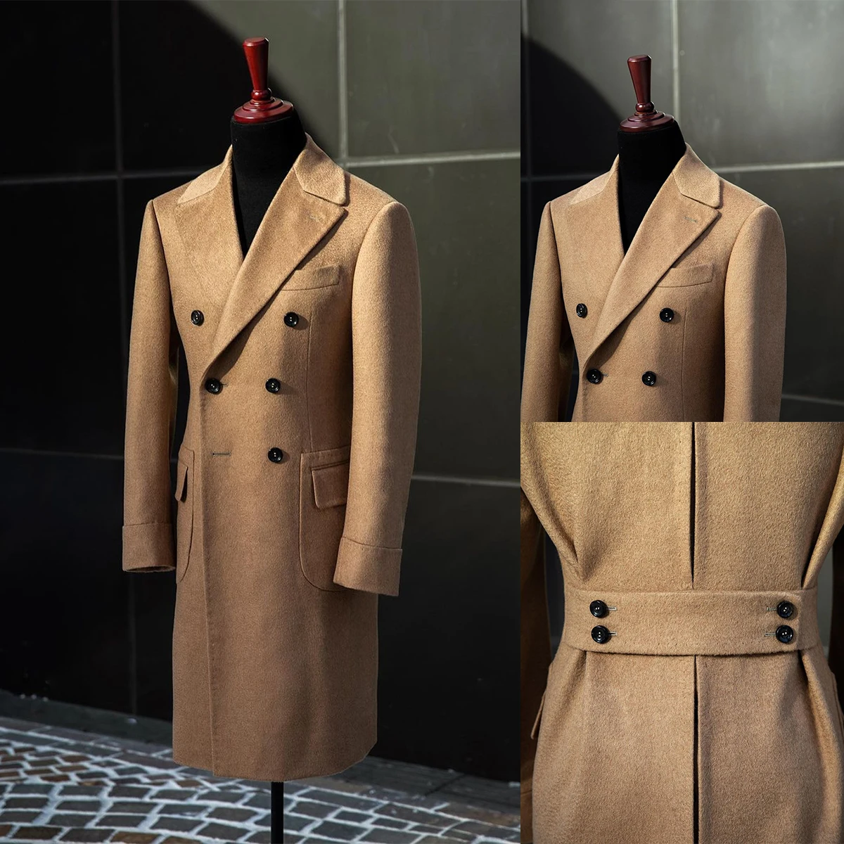 Champagner England Stil Wollmantel Männer Dicke Maßgeschneiderte Zweireiher Lange Länge Mantel Lässige Winter Warme Jacke