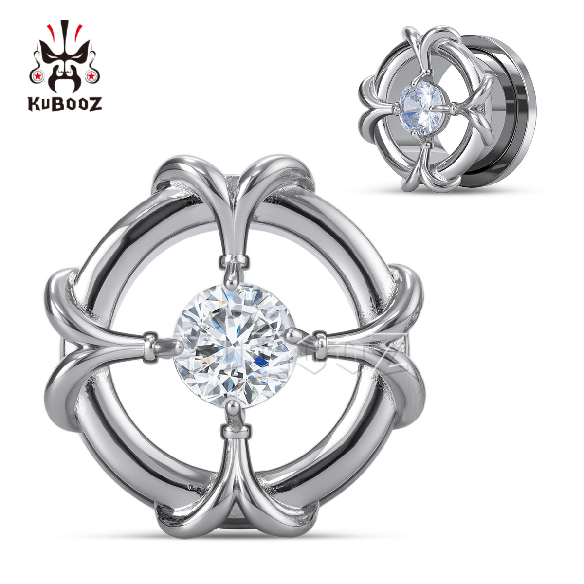 KUBOOZ Luxuoso Alargador de Orelha em Aço Inoxidável com Flor de Cristal, Joia de Piercing Corporal