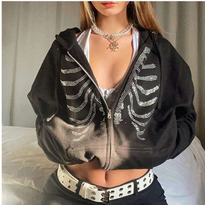 Sudaderas con capucha Y2K con esqueleto de diamantes de imitación para mujer, sudaderas góticas negras con cremallera de gran tamaño, chaqueta con capucha Retro Harajuku para mujer, ropa de calle