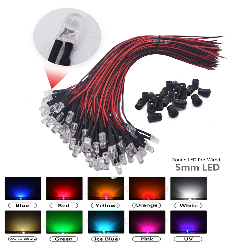 DC 5–12 V, 5 mm, rot/blau/grün/weiß/gelb, rosa, UV-orange Farbe, vorverkabelt, für Auto, Boot, LED mit Halterung, 10–100 Stück