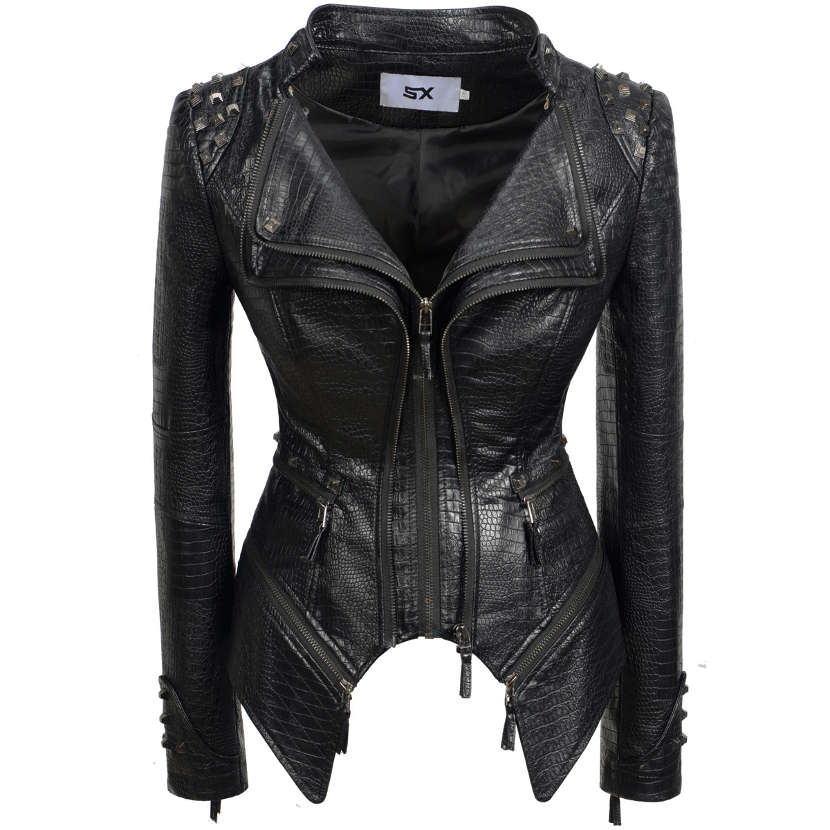 Mode SX femmes Crocodile Rivet PU veste forme parfaite moto vélo veste