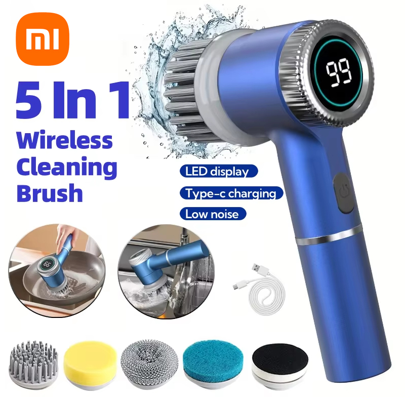 Xiaomi Elektrische Reinigungsbürste, multifunktional, für Küche, Badezimmer, Toilette, tragbar, leistungsstarke Reinigungsbürste, 5 Bürstenköpfe, LED-Anzeige