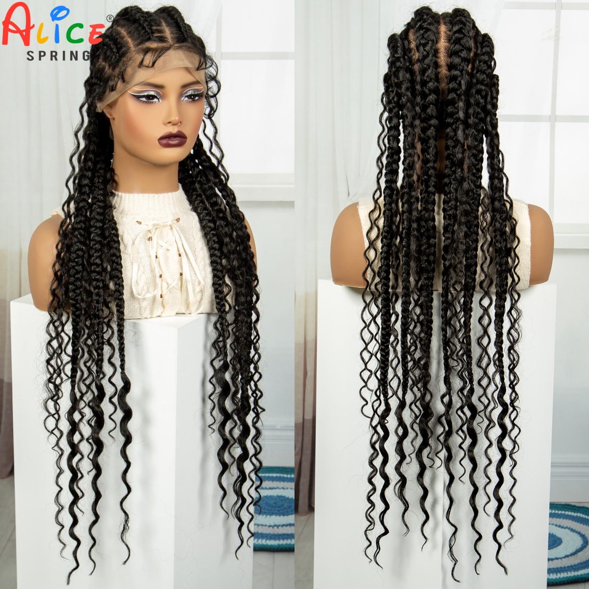34 นิ้วสังเคราะห์ลูกไม้ Braiding Wigs ลูกไม้ด้านหน้า Twisted Braided วิกผมสําหรับผู้หญิงสีดําเต็มลูกไม้ Cornrow Braids วิกผมเด็ก
