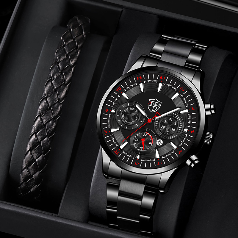 Relojes de moda para hombre, reloj de pulsera de cuarzo de acero inoxidable para negocios, reloj de pulsera de Cuero Luminoso con fecha informal para hombre