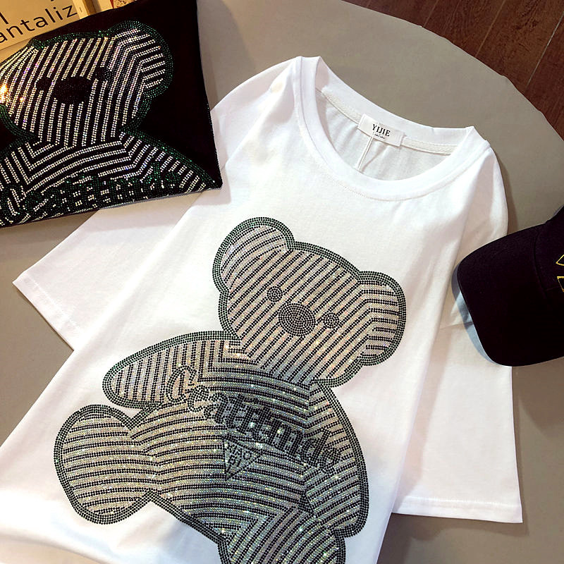 Camisetas de dibujos animados de diamantes de cristal Vintage para mujer y niña, Tops Kawaii de gran tamaño, moda coreana, ropa de algodón blanco y negro
