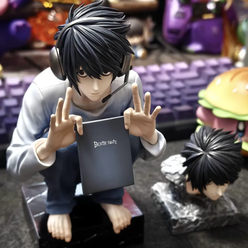 15cm/6 inch Death Note L Lawliet figuur, hurkende pose, dubbele hoofden, GK beeldje, anime model speelgoed, bureaudecoratie, pc-kastdecoratie, cadeau