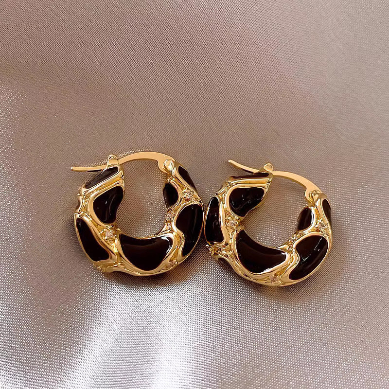 Pendientes de aro con diamantes de imitación gruesos esmaltados de lujo ligeros de Francia para mujer, joyería de fiesta Huggie de acero inoxidable al por mayor