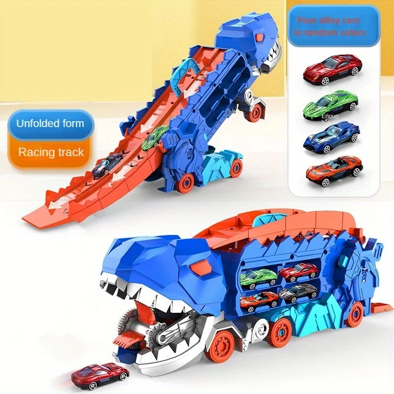 Il camion dei dinosauri da trasporto con pista da corsa scorrevole pieghevole trasforma in T-rex in piedi, i migliori regali di compleanno, giocattoli, ragazzi, ragazze, bambini