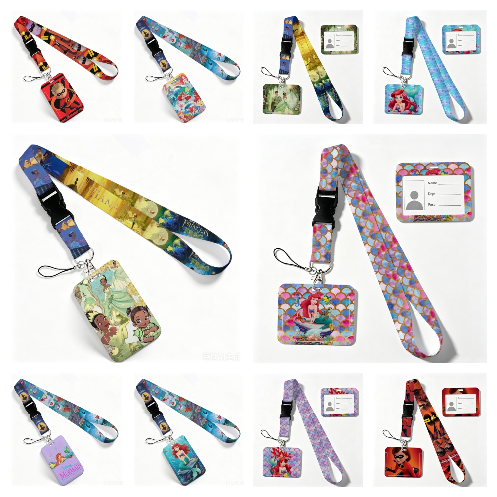 Tempat Kartu ID Disney Princess Lanyard Little Mermaid The Incredibles Tali Leher Gantungan Kunci Kartu Bus Kerja Pelajar Hadiah Anak-anak