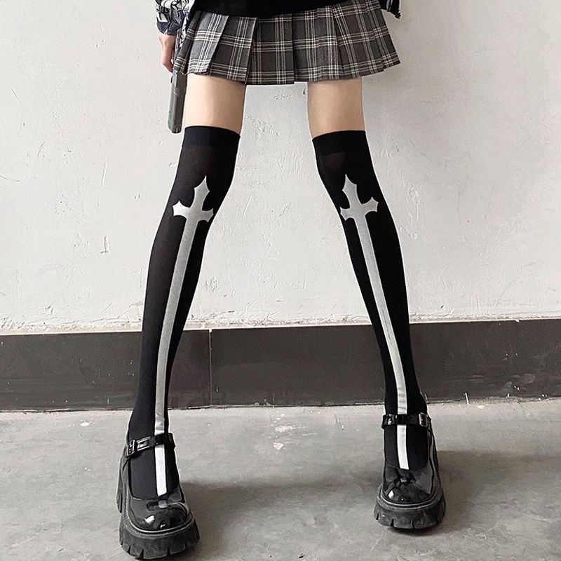 Calzini lunghi Harajuku giapponesi Festival Party Cross Cosplay Calze nere Calzini gotici scuri Y2K al ginocchio per gonne da donna