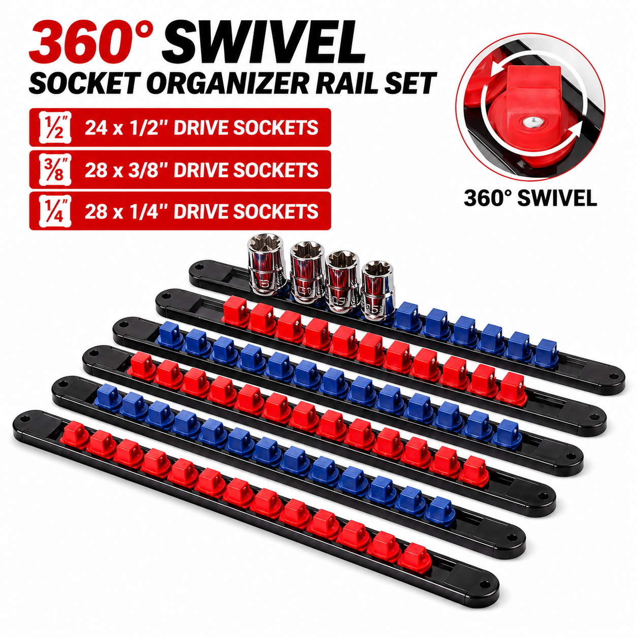 360° Swivel ABS Socket Organizer 1/4Inch 3/8Inch 1/2Inch Premium Quality Socket Clip Rail Holder socket organizer tools Blue&Red