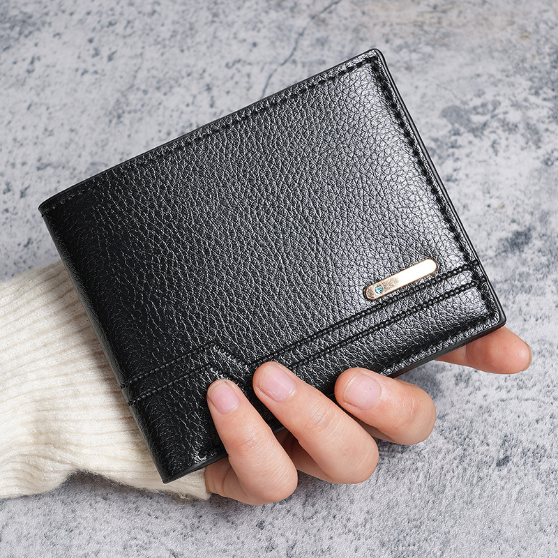 Cartera corta de cuero Pu para hombre, cartera de cuero suave con patrón de lichi informal de negocios, tarjetero de gran capacidad con múltiples tarjetas
